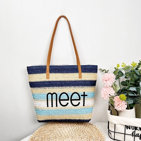Gewebte Stroh-Tote-Tasche Gestreift Bestickte Strandtasche Große Kapazität Sommer Schulterhandtasche Mit PU-Ledergriff