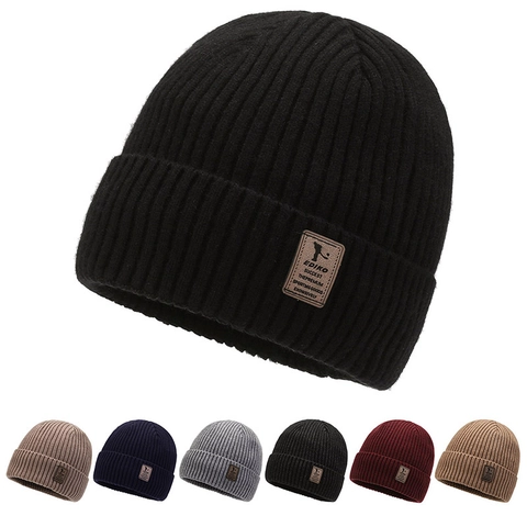 Bonnet En Tricot Beanie Côtelé Acrylique Chaud Doublé Peluche Extérieur Hiver Avec Patch En Cuir Pour Hommes Et Femmes