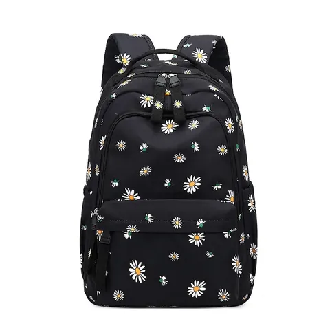 Large Capacity Backpack Girls Aesthetic Daisy Floral Pattern Cute Puppy Polyester Water Resistant Schoolbag For Teens