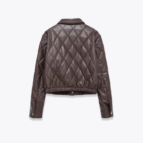 Women Quilted PU Leather Jacket Short Lapel Collar Long Sleeve Fashion Quilted Diamond Pattern Solid Color Outerwear Coat