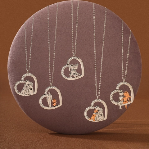 Halskette Aus Edelstahl Mit Strass Herzanhänger Für Muttertag Vatertag Familie Umarmung Eltern-Kind Damen Schmuck