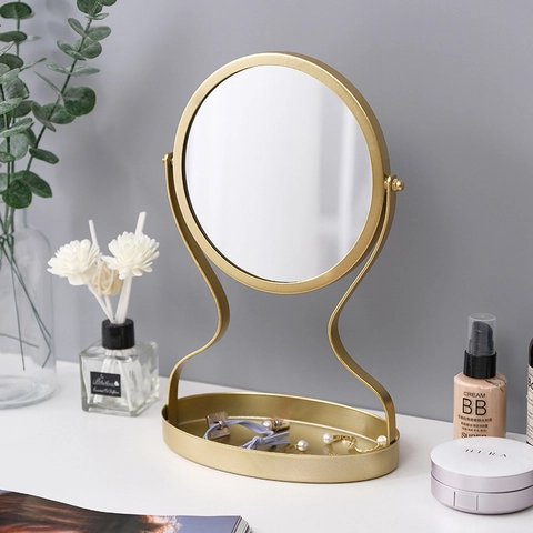 Desktop Make-up Spiegel Mit Schmuck Aufbewahrung Metall Eisen Rund Schminkspiegel 360 Drehbar Für Schlafzimmer Nordischer Stil