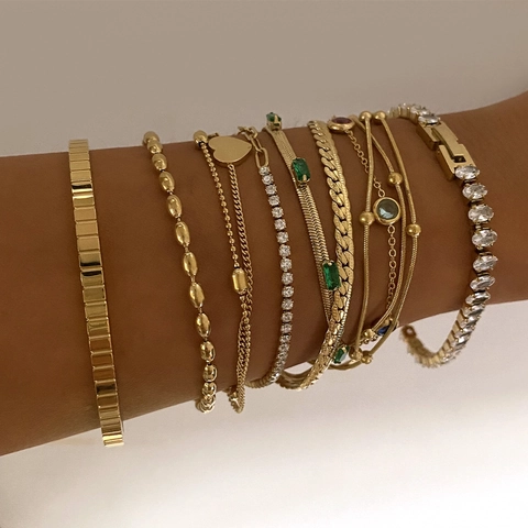 Bracciali In Acciaio Inossidabile Placcati In Oro Donna Impermeabile Impilabile Zirconi Ciondolo A Cuore Catena A Serpente Gioielli
