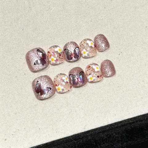 Handmade Press On Nails For Kids Cat Eye Effect Pink Glitter Butterfly Flower Patterns Non Toxic Decorative Manicure Art