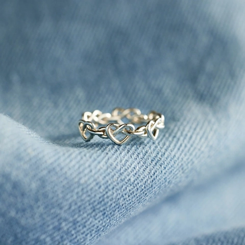 925 Sterling Silver Heart Link Ring For Women Adjustable Open Size Minimalist Crisscross Design Korean Fashion Jewelry