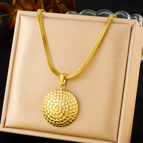 Round Spiral Disc Pendant Necklace Gold Plated Stainless Steel Textured Snake Chain Fashion Punk Jewelry For Women