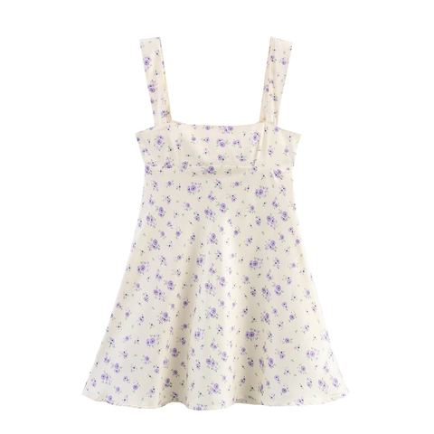 Bloemenprint Satijnen Camisole Mini Jurk Met Strik Op De Rug Mouwloos Vierkante Hals Elegant Franse Pastorale Stijl Voor Dames