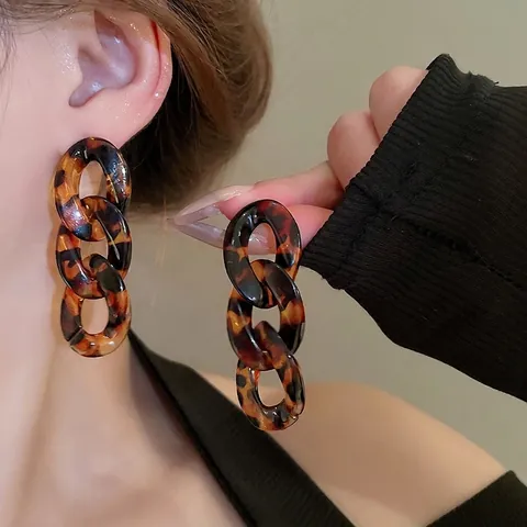 Tortoiseshell Acrylic Chain Link Drop Earrings With 925 Sterling Silver Earring Post Leopard Print Geometric Jewelry