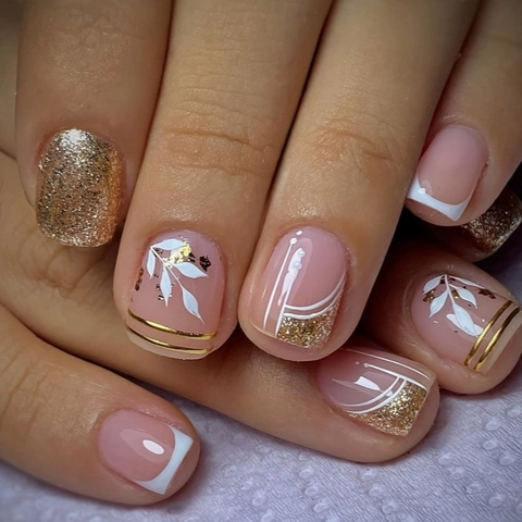 Press On Nails French White Tip Gold Silver Glitter Nude Pink Glossy Short Square Artificial False Fingernails For Women