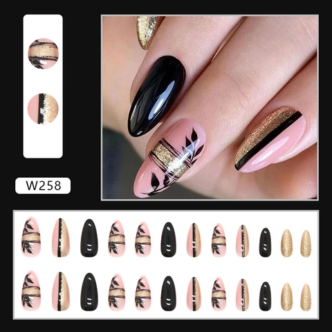 Unghie Finte Forma Mandorla Nero Oro Rosa Glitter Motivo Floreale Foglia Unghie Artificiali Lucido Accessorio Per Donne