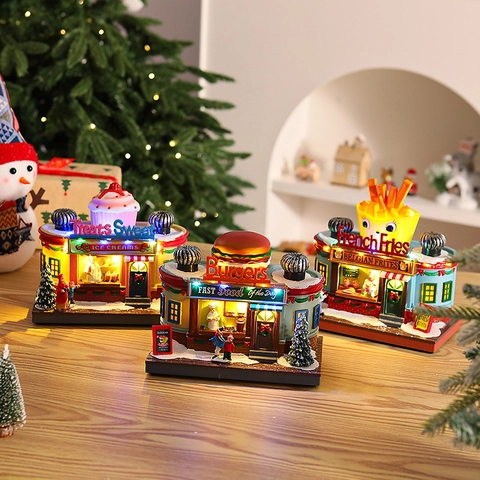 Casa Del Villaggio Di Natale Carillon Miniatura Ornamenti Da Scrivania LED Luminoso Resina Negozio Arredamento Festivo