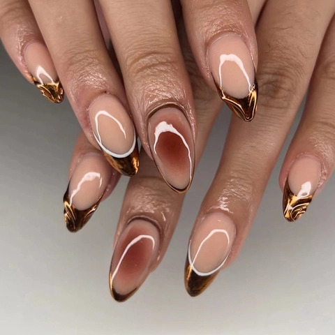 Künstliche Fingernägel Mandelform Französisch Amber Caramel Glänzend ABS Kunststoff Wiederverwendbar Damen