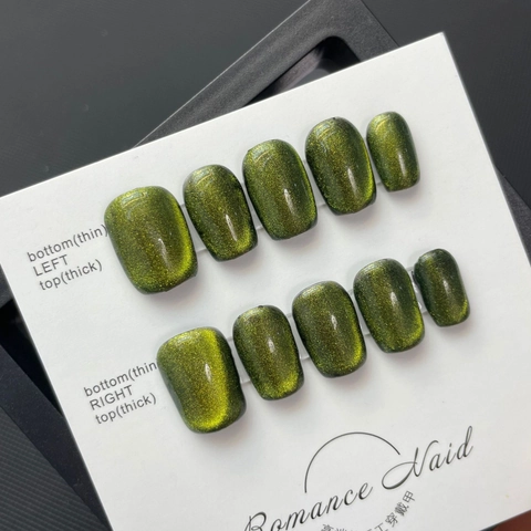 Faux Ongles Press On Fait Main Vert Émeraude Effet Oeil De Chat Strass 3D Forme Cercueil Élégant Réutilisable Pour Femmes