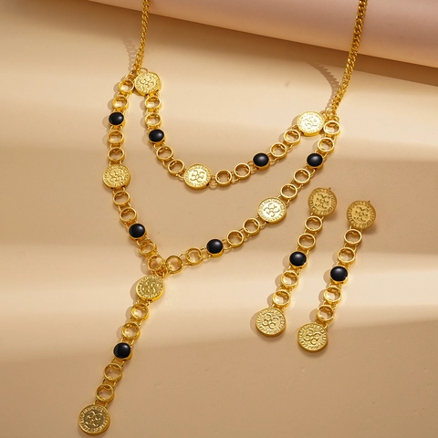 Gioielli Stile Palazzo Retro Oro Lega Pendente Moneta Collana Lunga A Strati E Orecchini Pendenti Con Perno In Argento