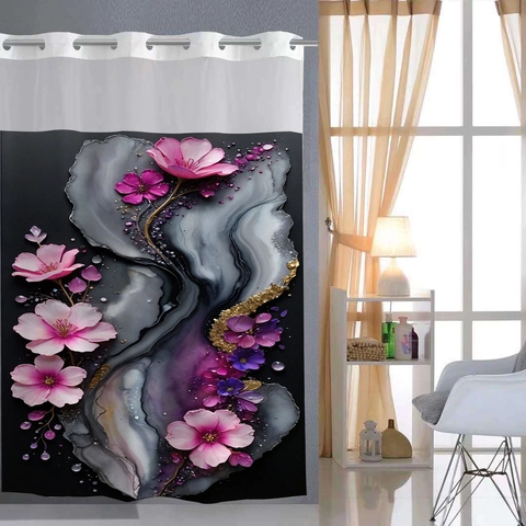 Hookless Shower Curtain Waterproof Polyester Waffle Weave With Detachable Liner Snap In Mesh Window Marble Floral Print