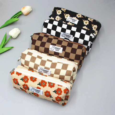 Vintage Cord Federmäppchen Ästhetische Blumen Schachbrett Kosmetiktasche Schreibwaren Organizer Für Schüler Schule Büro Aufbewahrung