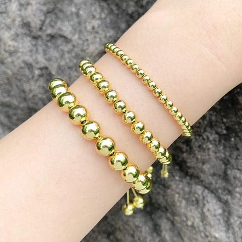 Polished Round Bead Bracelet Adjustable Slider Gold Plated Copper Minimalist Jewelry For Women Hip Hop Style