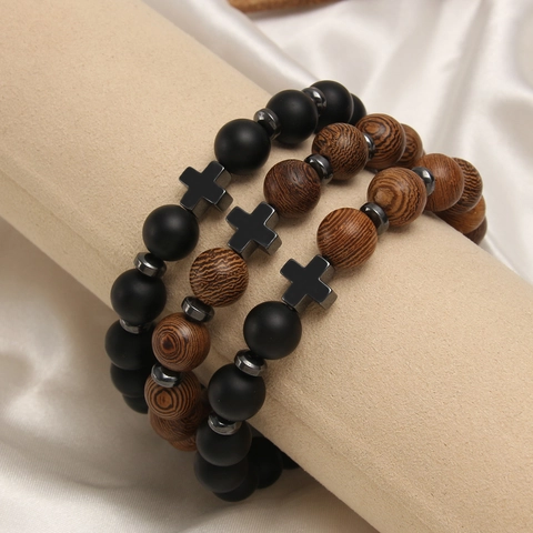 Bracciale Perline Croce Legno Naturale Pietra Opaca Agata Ematite Gioielli Religiosi Elastici Regalo Battesimo Uomo Donna