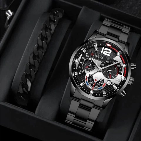 Men Business Quartz Watch And Bracelets Stainless Steel Strap Alloy Case Calendar Fashion Sport Wristwatch