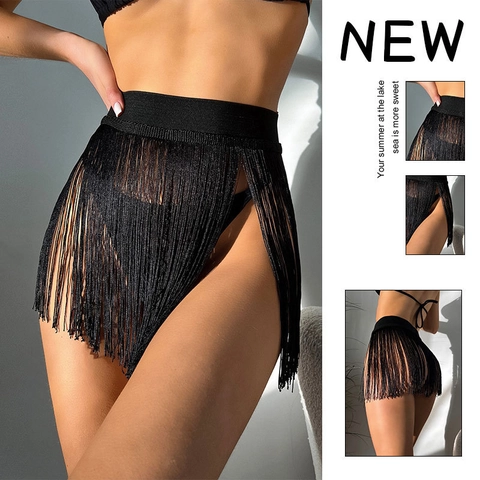 Women Tassel Mini Skirt Fringe Bikini Cover Up High Waist Elastic Polyester Beach Vacation Dancewear Solid Color