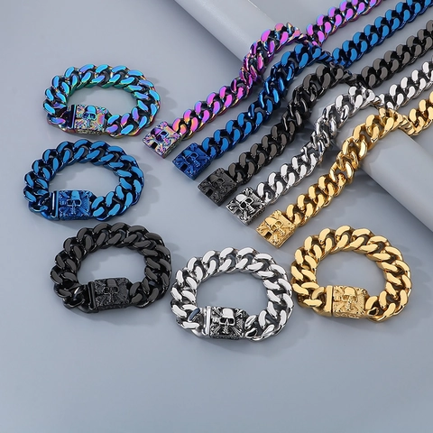 Collana E Bracciale Da Uomo Hip Hop Catena Cubana Acciaio Inossidabile Chiusura A Teschio Gioielli
