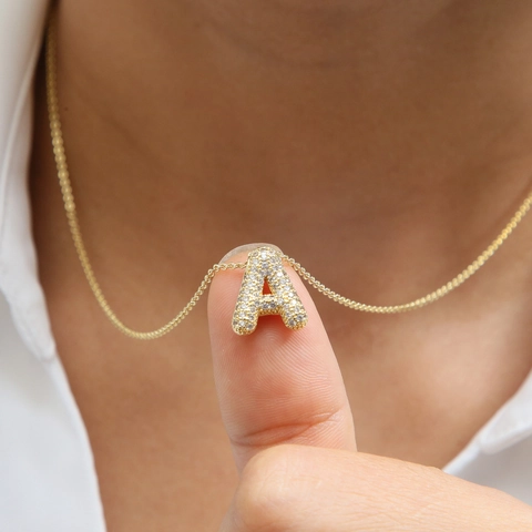 Pave Rhinestone Balloon Letter Pendant Necklace 18K Gold Plated Brass Bubble Initial Necklace For Women Fashion Jewelry Gift