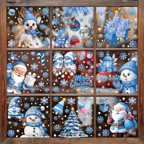Christmas Window Clings Static PVC Double Sided Snowflake Reindeer Snowman Decals For Glass Winter Party Home Decor