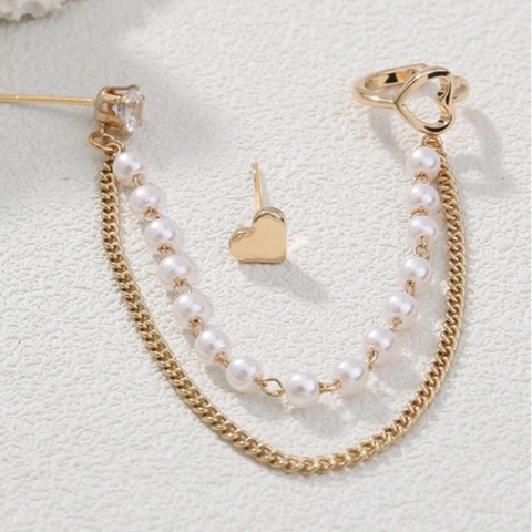 Heart Butterfly Artificial Pearl Tassel Ear Cuff And Stud Earrings Copper Zircon Chain For Women French Retro Personalized Jewelry