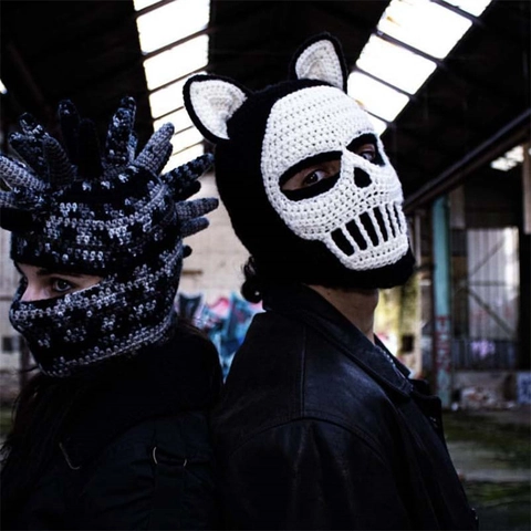 Pasamontañas de Esqueleto de Ganchillo Hecho a Mano para Hombres y Mujeres Divertidas Orejas de Animal Cuernos de Diablo Máscara de Punto Sombrero Punk