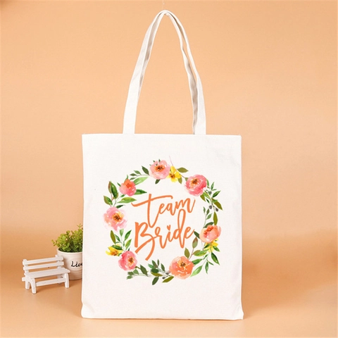 Team Bride Canvas Tote Bag Bridesmaid Gift Floral Wreath Bridal Shower Wedding Party Favors Handbag