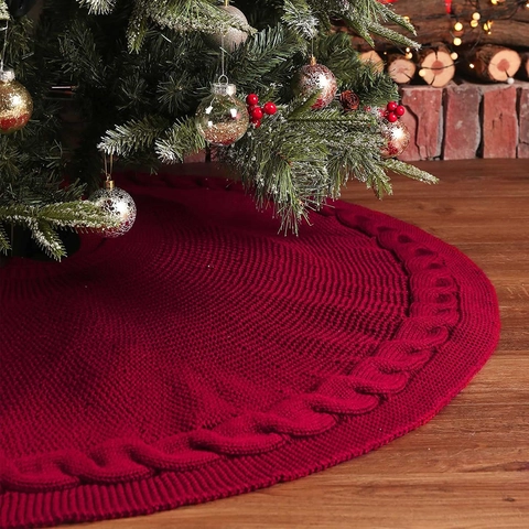 Christmas Tree Skirt Cable Knit Round Floor Mat Base Cover Decoration Festive Holiday Home Party Ornament With Ties