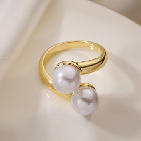 Double Artificial Pearl Open Ring Copper 18K Gold Plated Geometric Adjustable Elegant Jewelry For Women Minimalist
