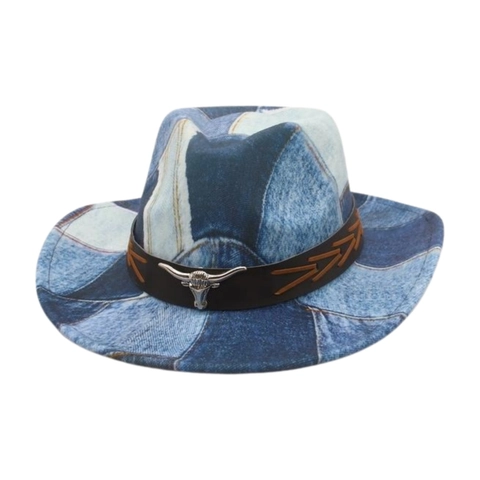 Cappello Da Cowboy Western Vintage Patchwork In Denim Tesa Larga Con Decorazione Testa Di Toro In Metallo Retro