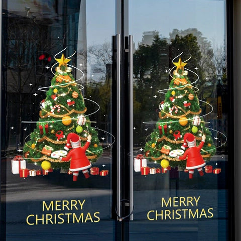 Christmas Window Static Stickers PVC Double Sided Santa Claus Tree Gift Showcase Glass Door Festive Decoration