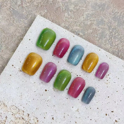 Handgefertigte Katzenauge Press On Nails Dopamin Süßigkeiten Bunte Transparente Harz Abnehmbare Trapez Maniküre Für Frauen