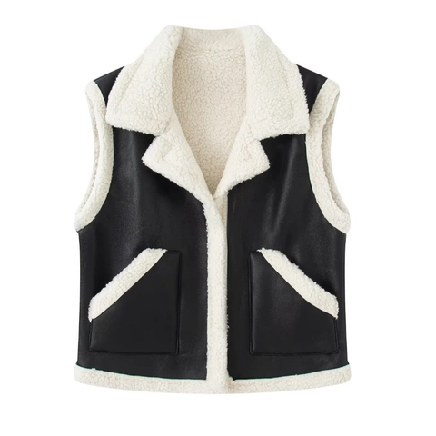 Gilet In Ecopelle Da Donna Senza Maniche Cerniera Giacca Moto Shearling Con Tasche Colore A Contrasto