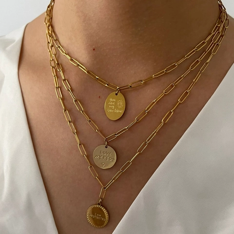 Engraved Quote Pendant Necklace 18K Gold Plated Stainless Steel Paperclip Chain Personalized Jewelry Gift For Women