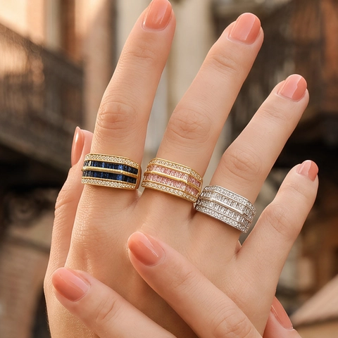 Mode Kupfer 18K Vergoldet Regenbogen Zirkonia Offener Ring Für Damen Personalisierte Geometrische Eingelegt Band Ring Schmuck