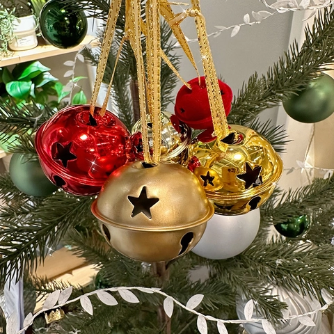 Campanelli Decorativi Albero Natale Metallico Fioccato Stella Fiocco Neve Svuotato Ornamenti Appesi Arredo Festa Casa Festiva