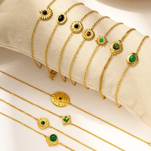 Bracciale Vintage In Pietra Naturale Smeraldo Acciaio Inossidabile Placcato Oro 18K Gioielli Boho Retro Per Donna