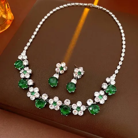 Luxury Floral Jewelry Set Copper Zircon Necklace Earrings Elegant Round Gemstone Palace Style Women Wedding Party Accessory