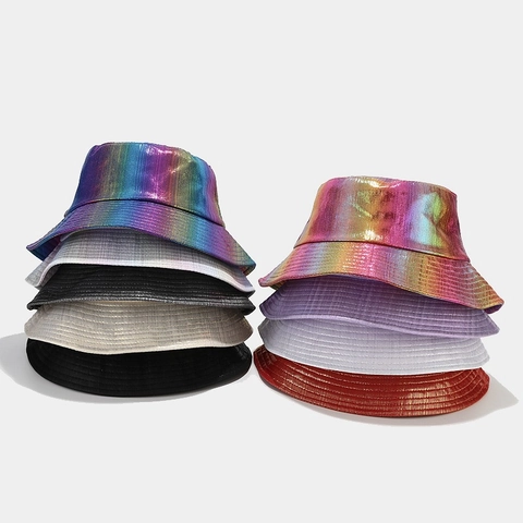 Cappello Alla Pescatora Metallico Laser Gradiente Arcobaleno Parasole Poliestere Moda Festa Per Uomini Donne