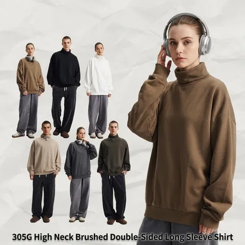 Maglietta A Maniche Lunghe A Collo Alto Da Uomo Cotone Poliestere Spazzolato Caldo Pesante Vestibilità Larga Streetwear Retro