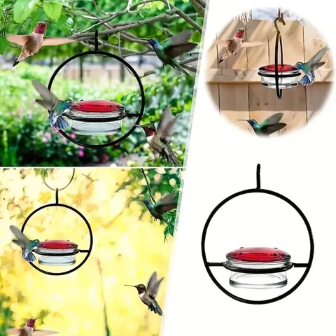 Mangiatoia Per Colibrì Sospesa Circolare Metallo Plastica Per Giardino Esterno Ciotola Trasparente Coperchio Rosso