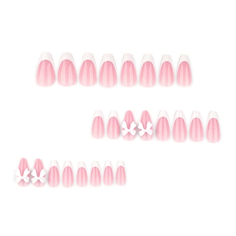 Ongles À Presser Amande Français Base Rose Nude Avec Pointes Blanches Et Accents De Nœud Faux Ongles Élégants