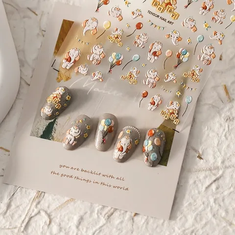 5D Nagelstickers Met Reliëf Olifant Ballon Ontwerp Zelfklevende Decals Stereoscopische Manicure Decoraties Nagels