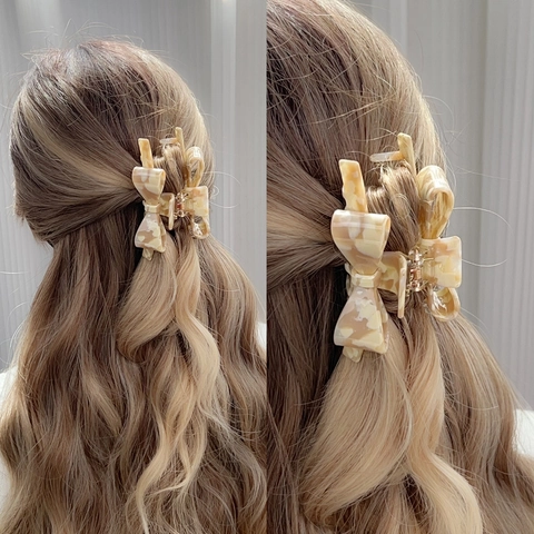 French Style Bow Hair Claw Clip Acetate Tortoiseshell Marble Pattern Shark Clip Elegant Hair Accessory For Women