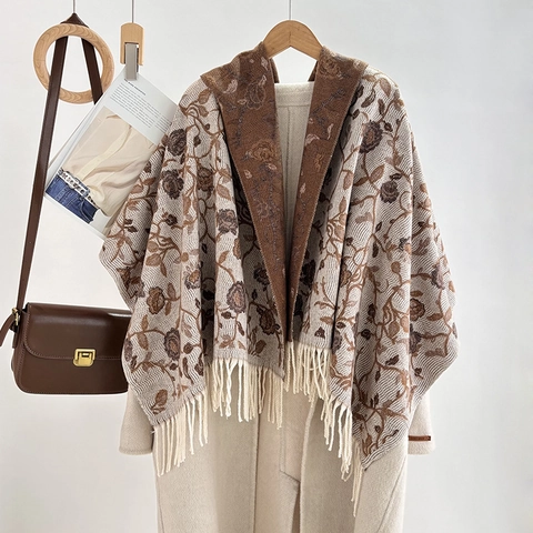 Damen Nationalstil Jacquard Quasten Schal Winter Warm Verdickt Viskose Stola Retro Blumenmuster Ethno Halstuch