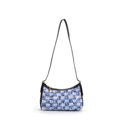 Damen Denim Unterarm Umhängetasche Mit PU Leder Patchwork Reißverschluss Blumenmuster Gesteppt Lässig Mode