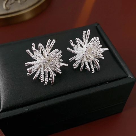 Firework Flower Stud Earrings With Zircon Copper Metal And Silver Earring Post Luxury Fashion Jewelry For Women